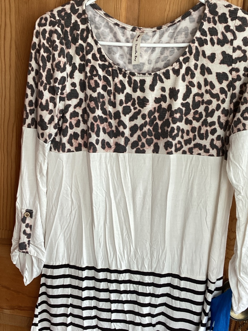 Vanilla Bay White Tunic with Black Stripes and Blush Leopard Yoke